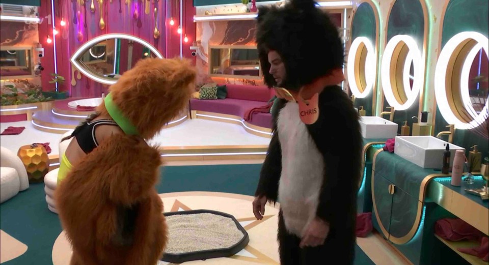 Two people in cat costumes in a brightly colored room.