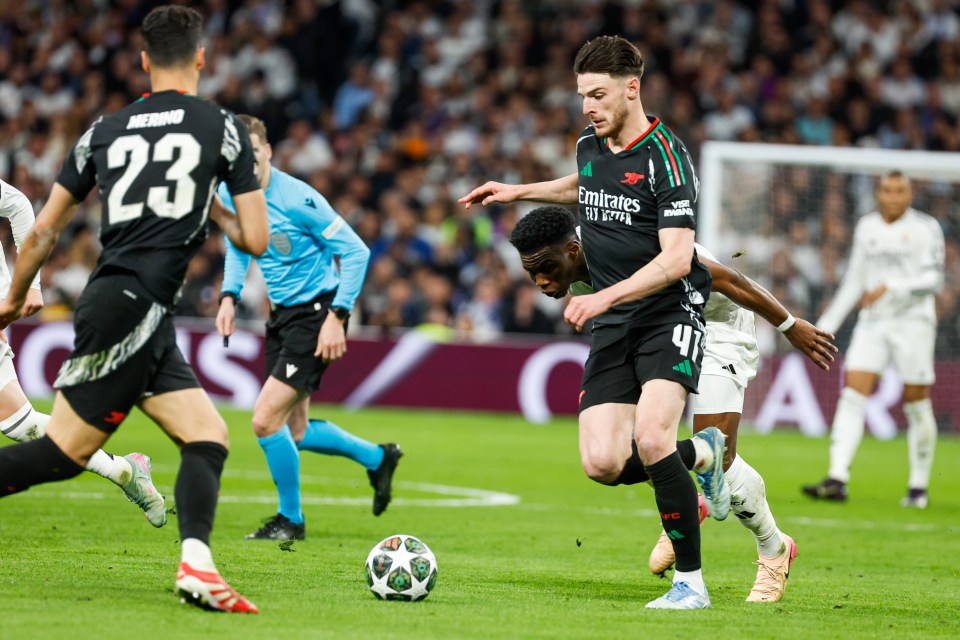 Declan Rice of Arsenal in action during a UEFA Champions League quarter-final match.