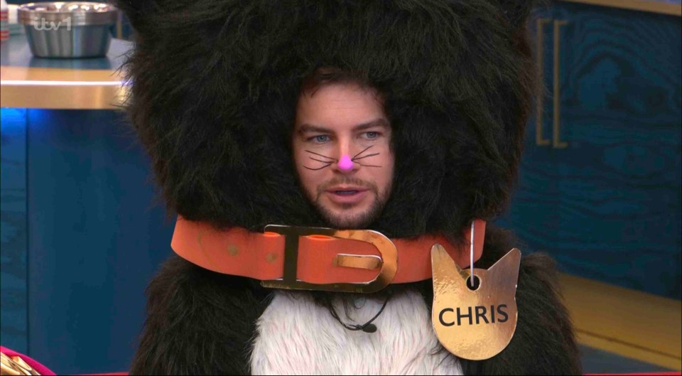 Chris Hughes in a black cat costume with a name tag.