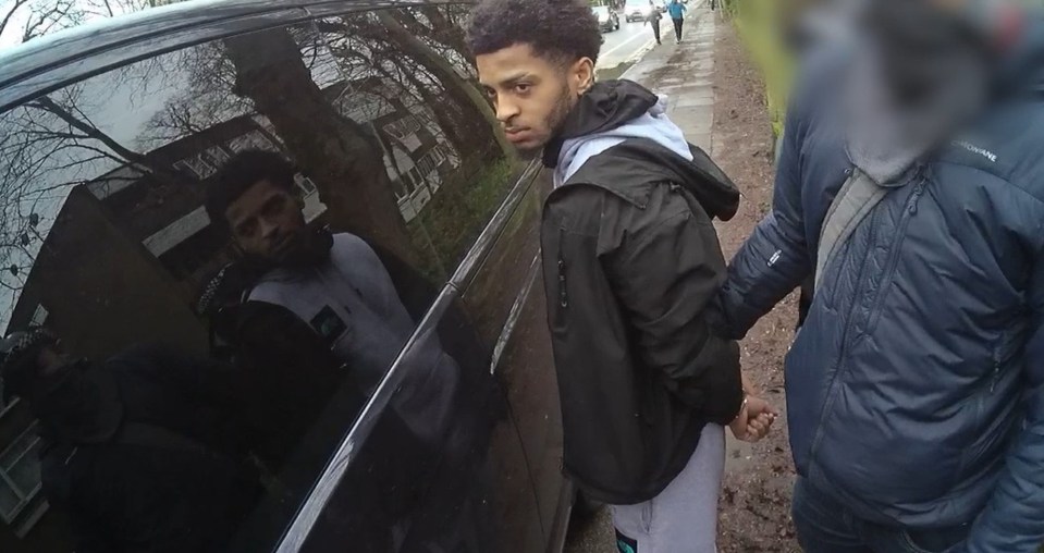 Police bodycam footage of a suspect being arrested.