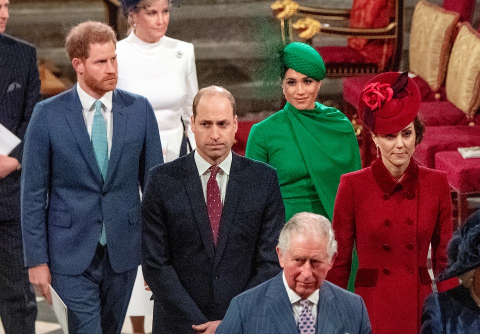 Prince Charles, Prince William, Catherine, Duchess of Cambridge, Prince Harry, and Meghan, Duchess of Sussex at a Commonwealth Service.