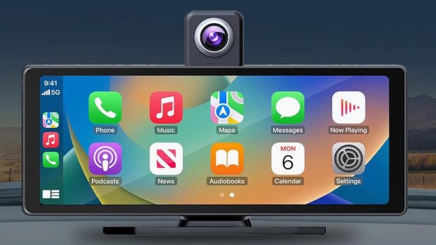Wireless car stereo with apps displayed on the screen.