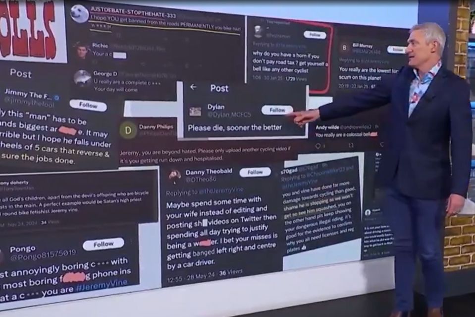 An image collage containing 1 images, Image 1 shows A man points to a screen displaying numerous angry tweets criticizing a cyclist