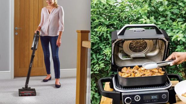 Collage of a woman vacuuming and food being removed from a grill.