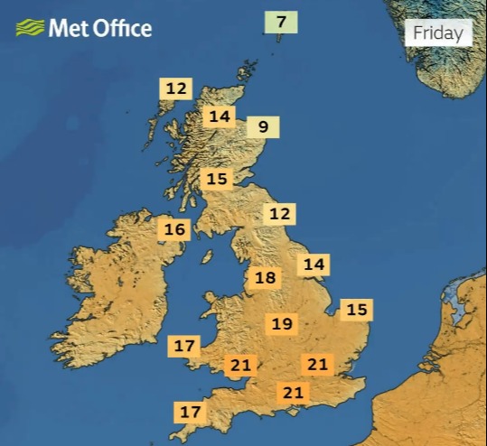 UK weather map showing Friday's temperatures.