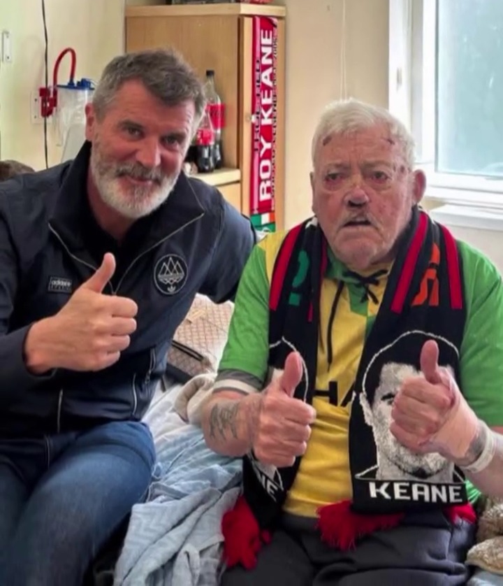 Roy Keane visiting an elderly fan in the hospital.