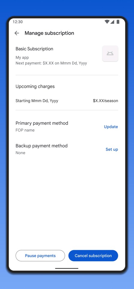 Screenshot of Google subscription management screen showing payment details and options to pause or cancel.