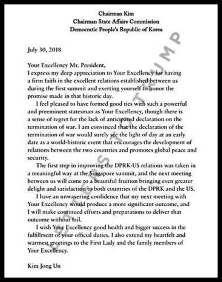 Letter from Kim Jong Un to the US President.