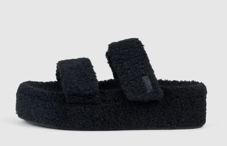 Black fuzzy slippers with two straps.