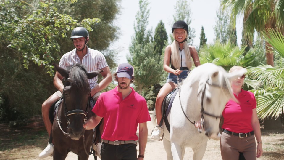 Two couples horseback riding with guides.