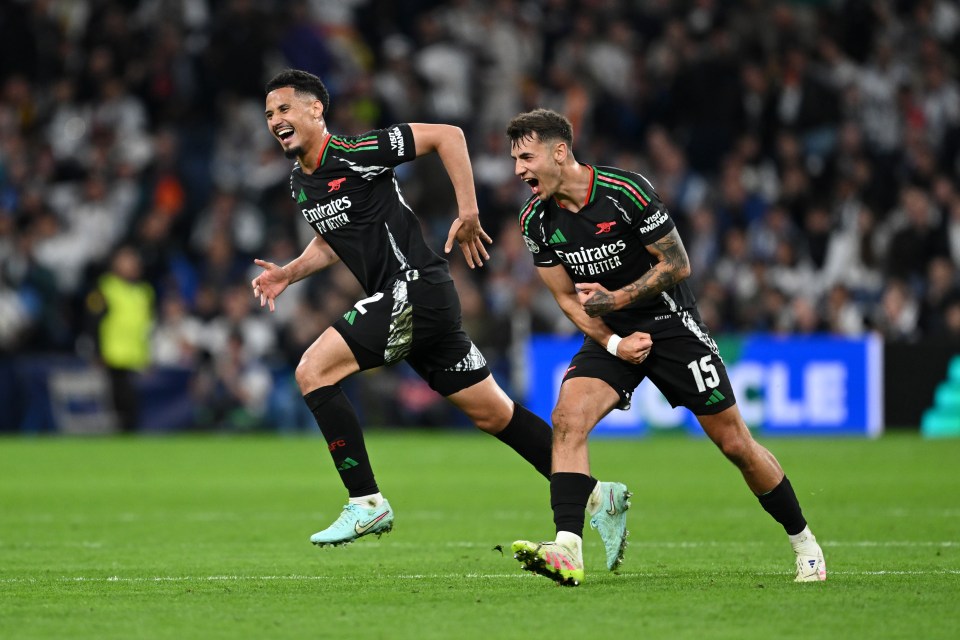 Arsenal's Jakub Kiwior and William Saliba celebrating a goal.