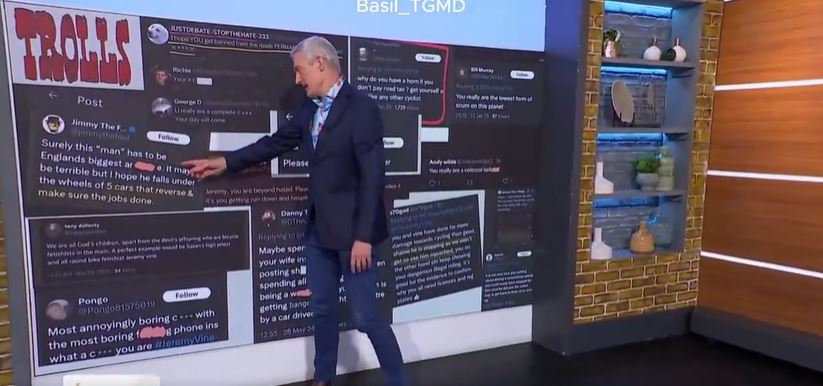 Jeremy Vine reading negative comments about his cycling videos.