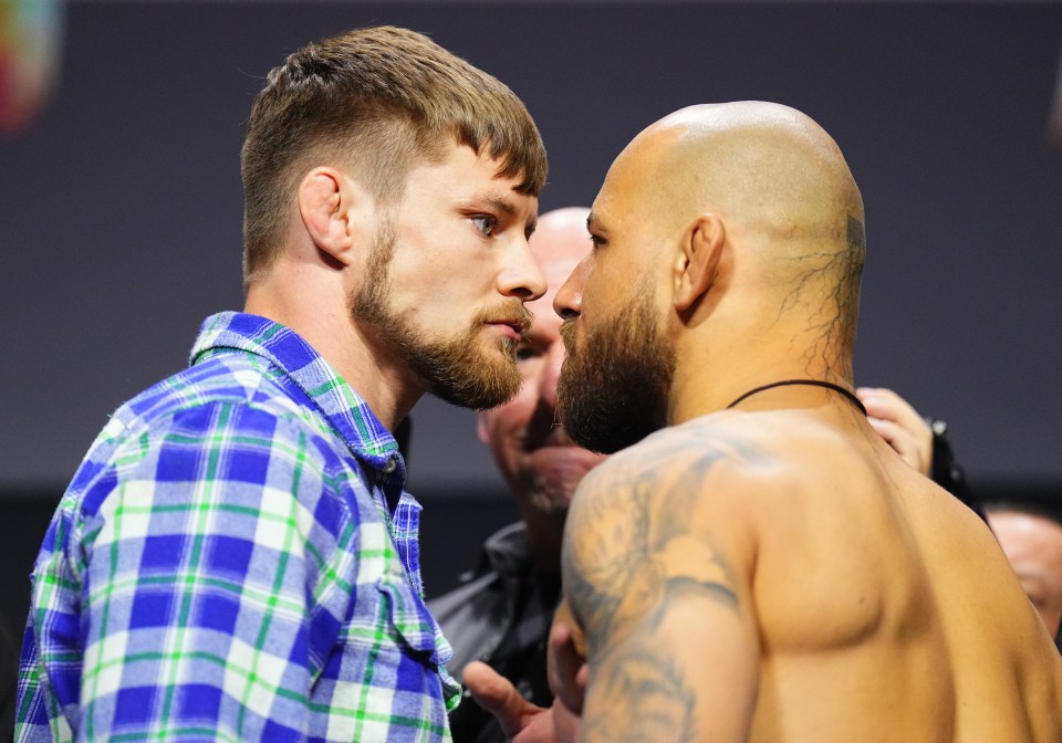 Bryce Mitchell and Jean Silva facing off at a UFC press conference.