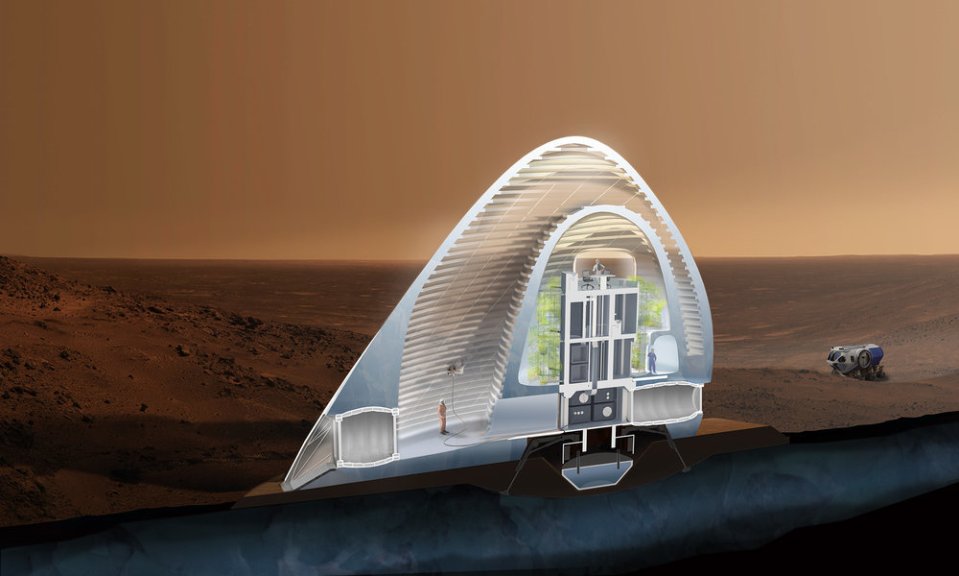 Illustration of a 3D-printed Mars ice house habitat.
