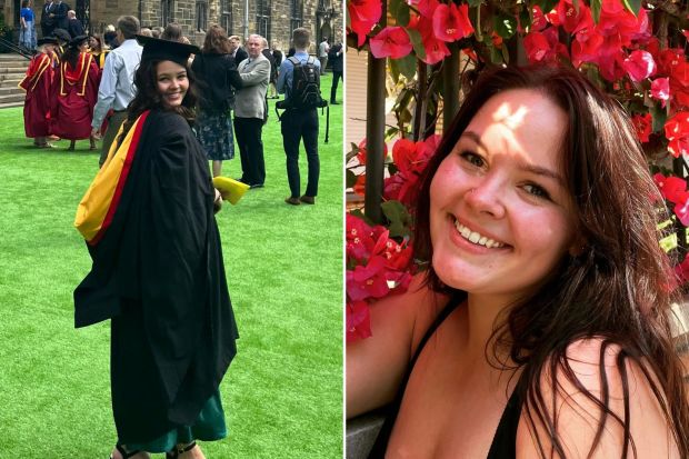 An image collage containing 2 images, Image 1 shows Graduate in cap and gown on a lawn with other graduates and guests, Image 2 shows Woman smiling near red flowers