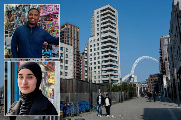 An image collage containing 3 images, Image 1 shows Wembley neighborhood scene with modern buildings and Wembley Stadium arch in the background, Image 2 shows Shop owner in Wembley, London, Image 3 shows Portrait of a young woman wearing a hijab