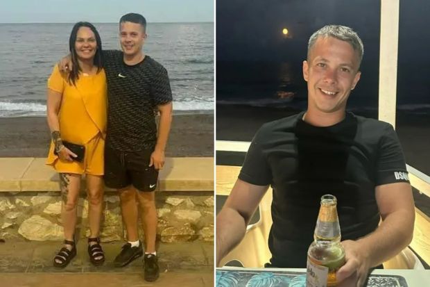 An image collage containing 2 images, Image 1 shows Sandra Adams and Brett Dryden by the ocean, Image 2 shows Man sitting outdoors at night holding a beer, ocean in background