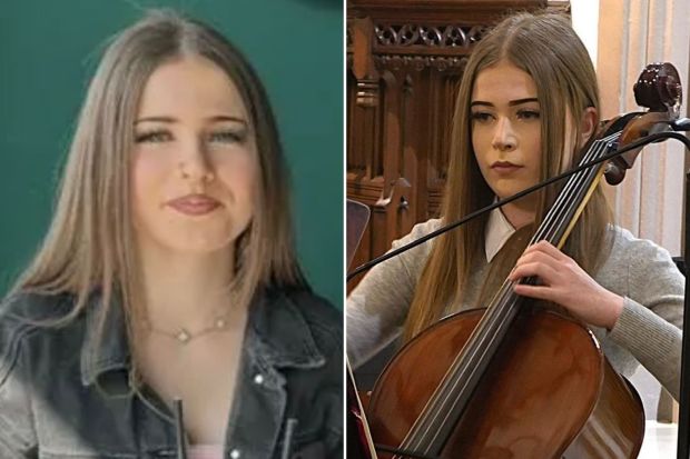 An image collage containing 2 images, Image 1 shows Photo of missing 14-year-old Hanna Balcer, Image 2 shows Girl playing cello