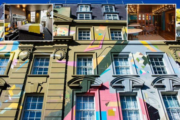 An image collage containing 3 images, Image 1 shows Megaro Hotel with colorful geometric mural, Image 2 shows Hotel room with a bed, breakfast tray, and director's chairs, Image 3 shows Hotel lobby with teal walls, marble-top tables, and steampunk-style lighting