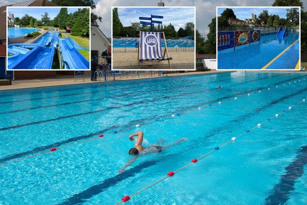 An image collage containing 4 images, Image 1 shows Person swimming laps in an outdoor pool, Image 2 shows Guildford Lido play area with a small pool and interactive water features, Image 3 shows Guildford Lido deck chair in front of outdoor pool, Image 4 shows Aerial view of Guildford Lido's water slides and swimming pool