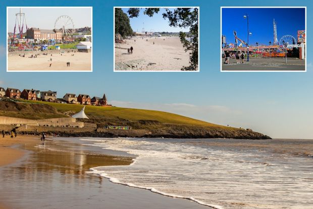 An image collage containing 4 images, Image 1 shows Barry Island beach with houses on a hill in the background, Image 2 shows People enjoying a sunny day at a beach with an amusement park in the background, Image 3 shows People enjoying a sunny day at a beach with a Ferris wheel and amusement park rides in the background, Image 4 shows Barry Island Pleasure Park with rides and people walking by