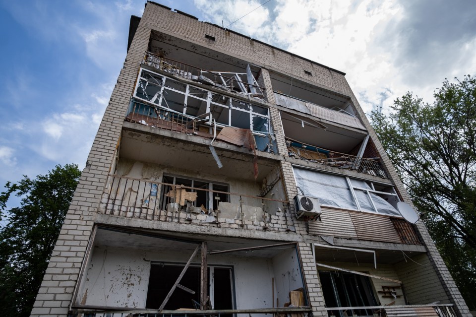 Damaged apartment building in Borova, Ukraine.
