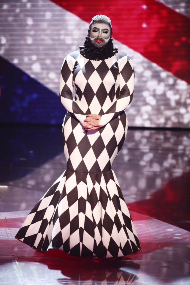 Danny Beard in a harlequin dress on Britain's Got Talent.