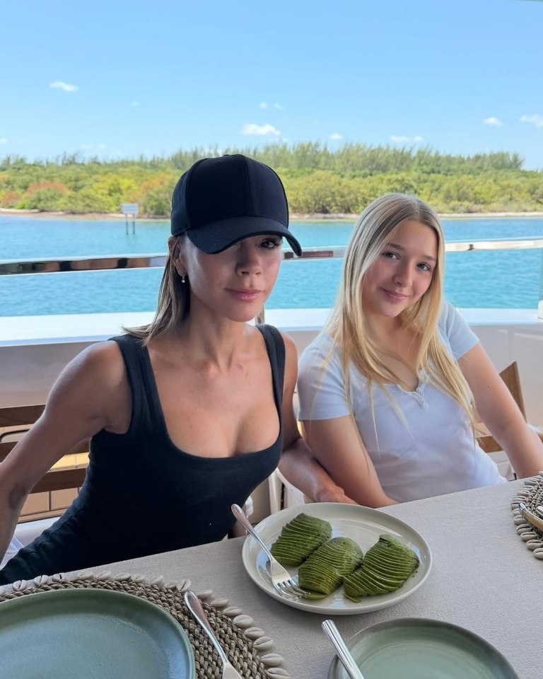 Victoria Beckham and her daughter on a yacht, enjoying avocado slices.