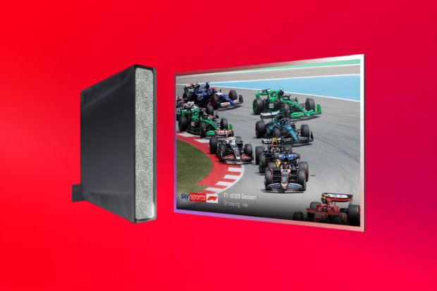 Sky Sports F1 2025 season live stream on a TV screen and a black box.
