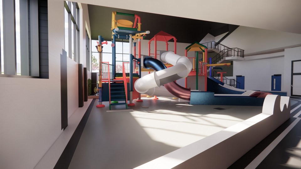 Illustration of an indoor playground with slides and climbing structures.