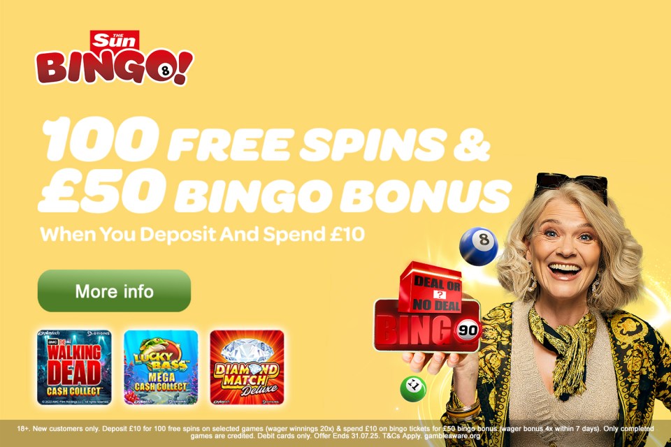 Advertisement for Sun Bingo offering 100 free spins and a £50 bingo bonus when depositing and spending £10.