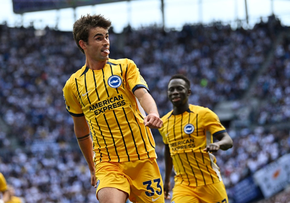 Matt O'Riley of Brighton & Hove Albion celebrates scoring a goal.
