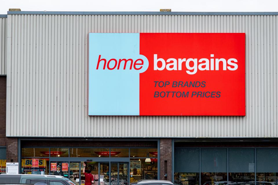 Home Bargains store sign: Top brands, bottom prices.