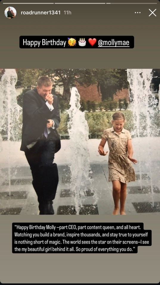Photo of Molly-Mae's father and a young Molly-Mae playing in a fountain.