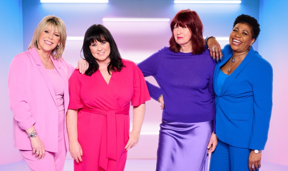 Four women, dressed in pink, fuchsia, purple, and blue, pose for a promotional photo.