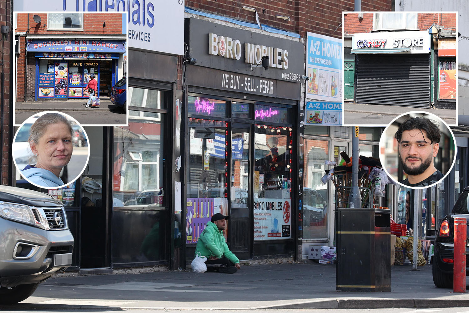 Collage of a high street with various shops and people.