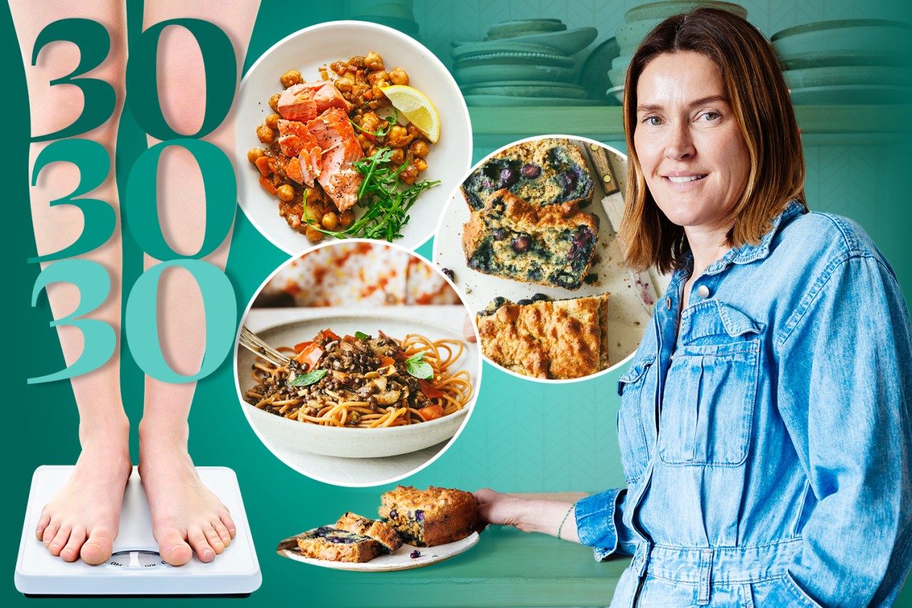 Collage of a woman on a scale, with images of healthy meals.