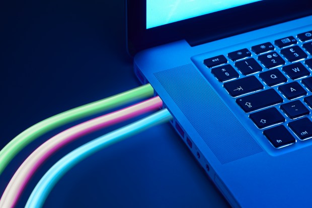 Laptop with high-speed fiber optic cables.