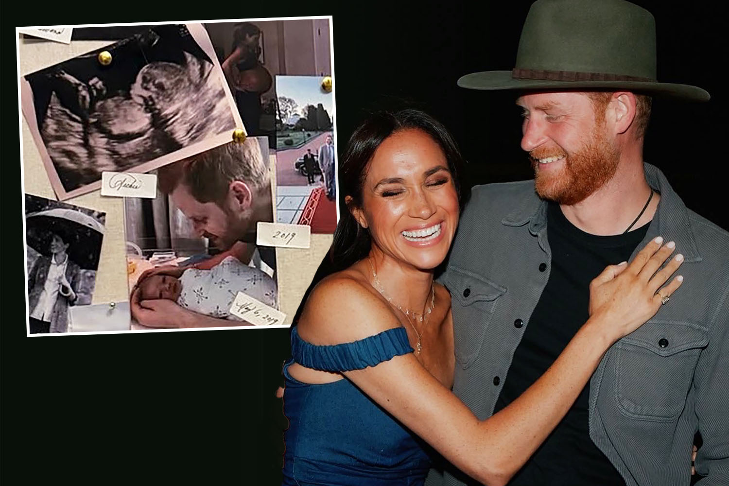 Collage of Prince Harry and Meghan Markle with photos of their son Archie.
