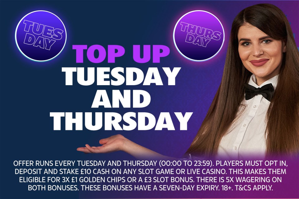 Top Up Tuesday and Thursday casino offer: Deposit and stake £10 for bonus.
