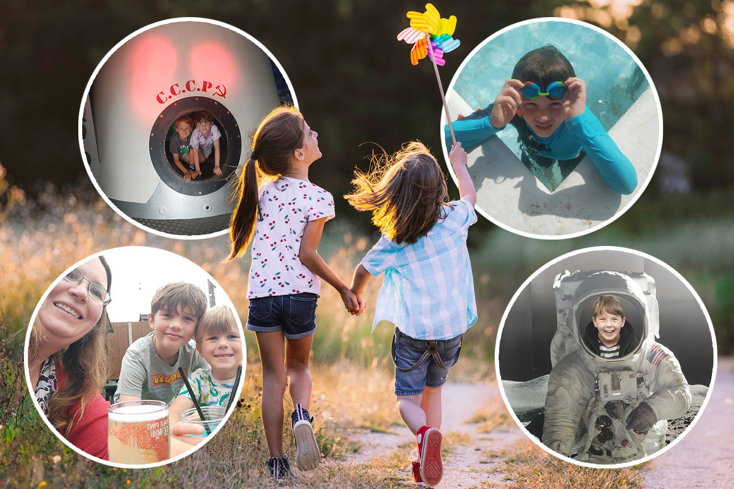 Collage of children enjoying summer activities.