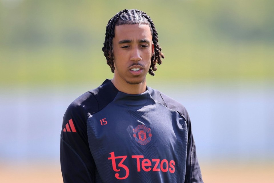 Mandatory Credit: Photo by Conor Molloy/ProSports/REX/Shutterstock (15288059an) Leny Yoro (15) of Manchester United during the Europa League training session for Manchester United at Carrington, Manchester Manchester United., Training - 07 May 2025