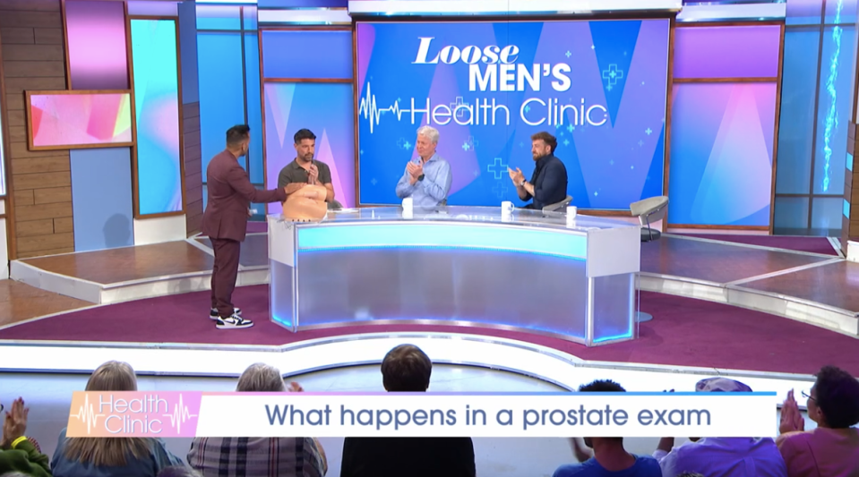 Screenshot of a television segment about prostate exams.