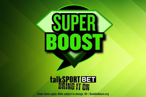 Illustration of a green diamond-shaped speech bubble with "SUPER BOOST" in large text, and "talkSPORT BET BRING IT ON" below.