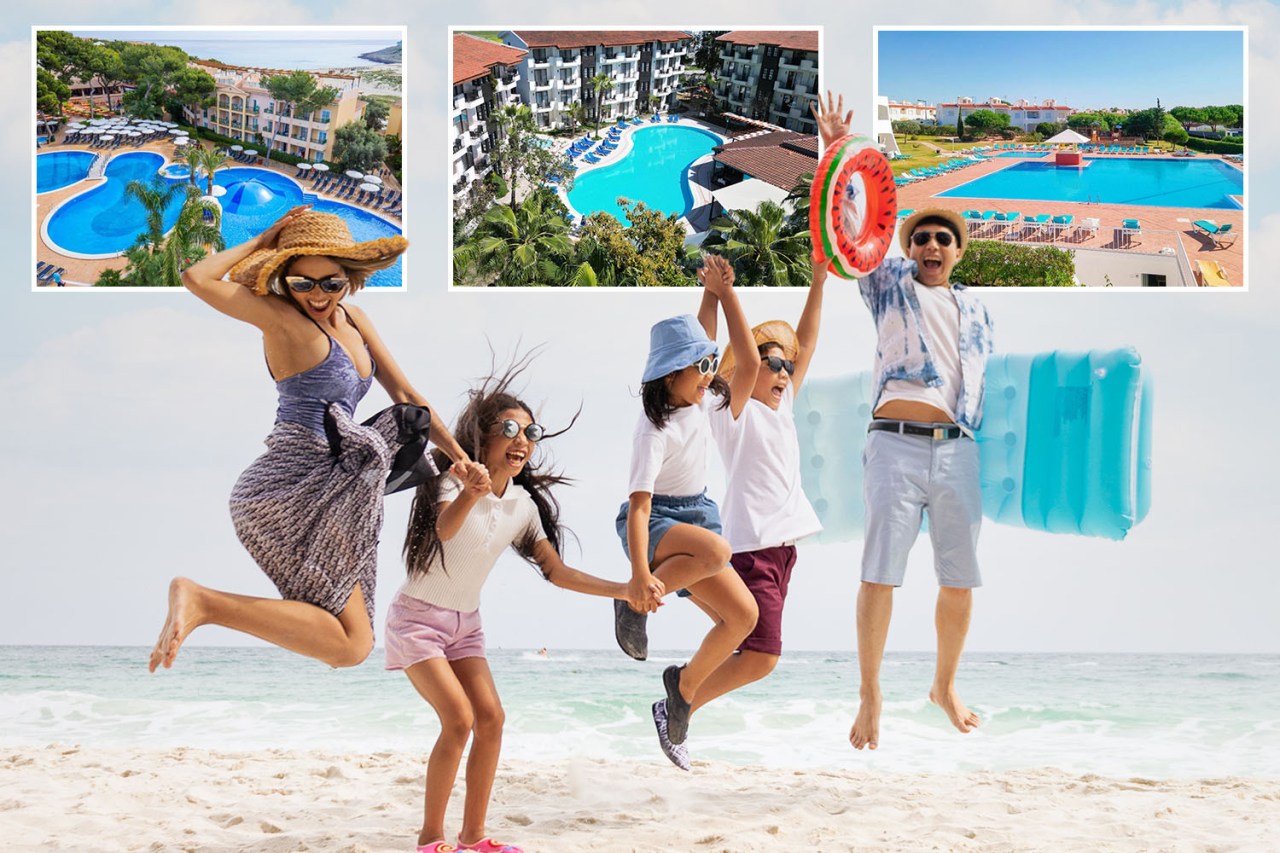 Family jumping for joy on a beach with inset images of resort pools.