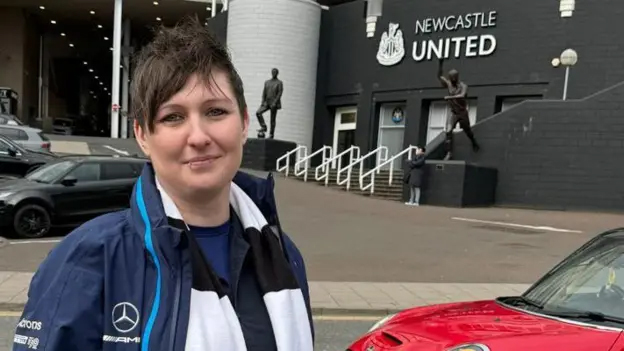 Linzi Smith, a banned Newcastle United fan, outside St. James' Park.