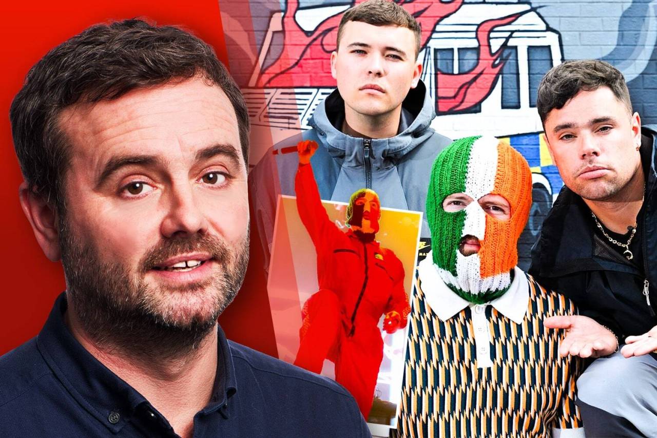 Collage of Colin Robertson with two young men and a masked figure.