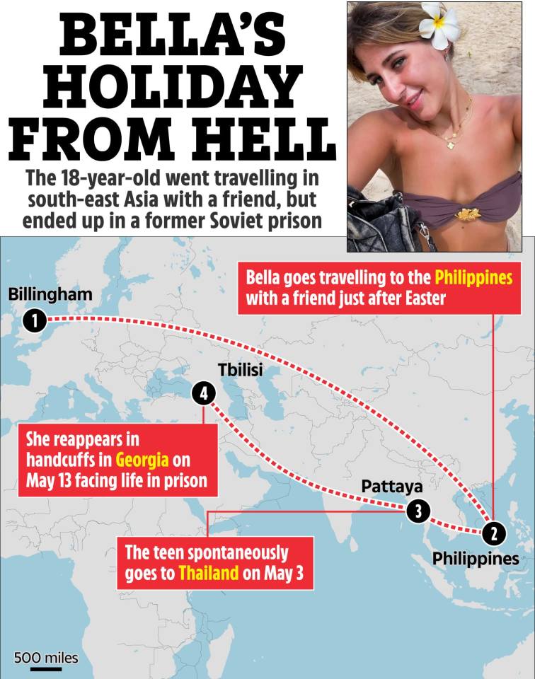 Illustration of Bella Culley's travel route, showing her journey from the UK to the Philippines, Thailand, and finally Georgia, where she was arrested.