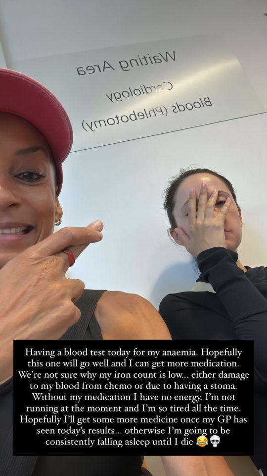 Photo of Adele Roberts in a hospital waiting area, sharing a health update about her anaemia.