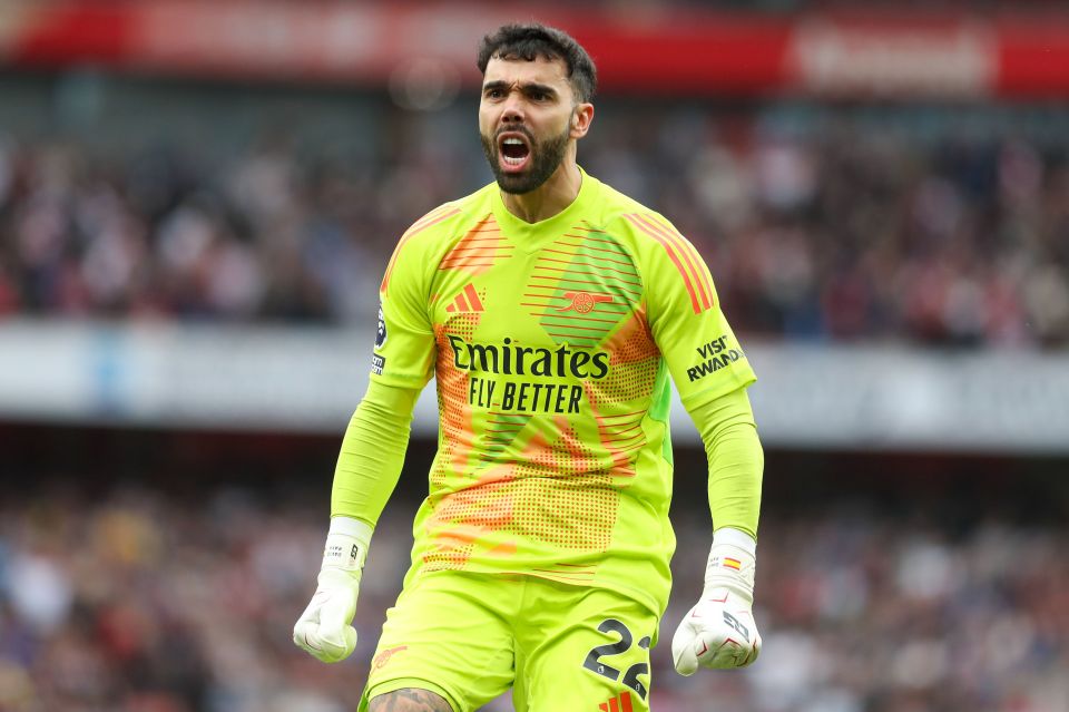 Arsenal goalkeeper David Raya celebrating.